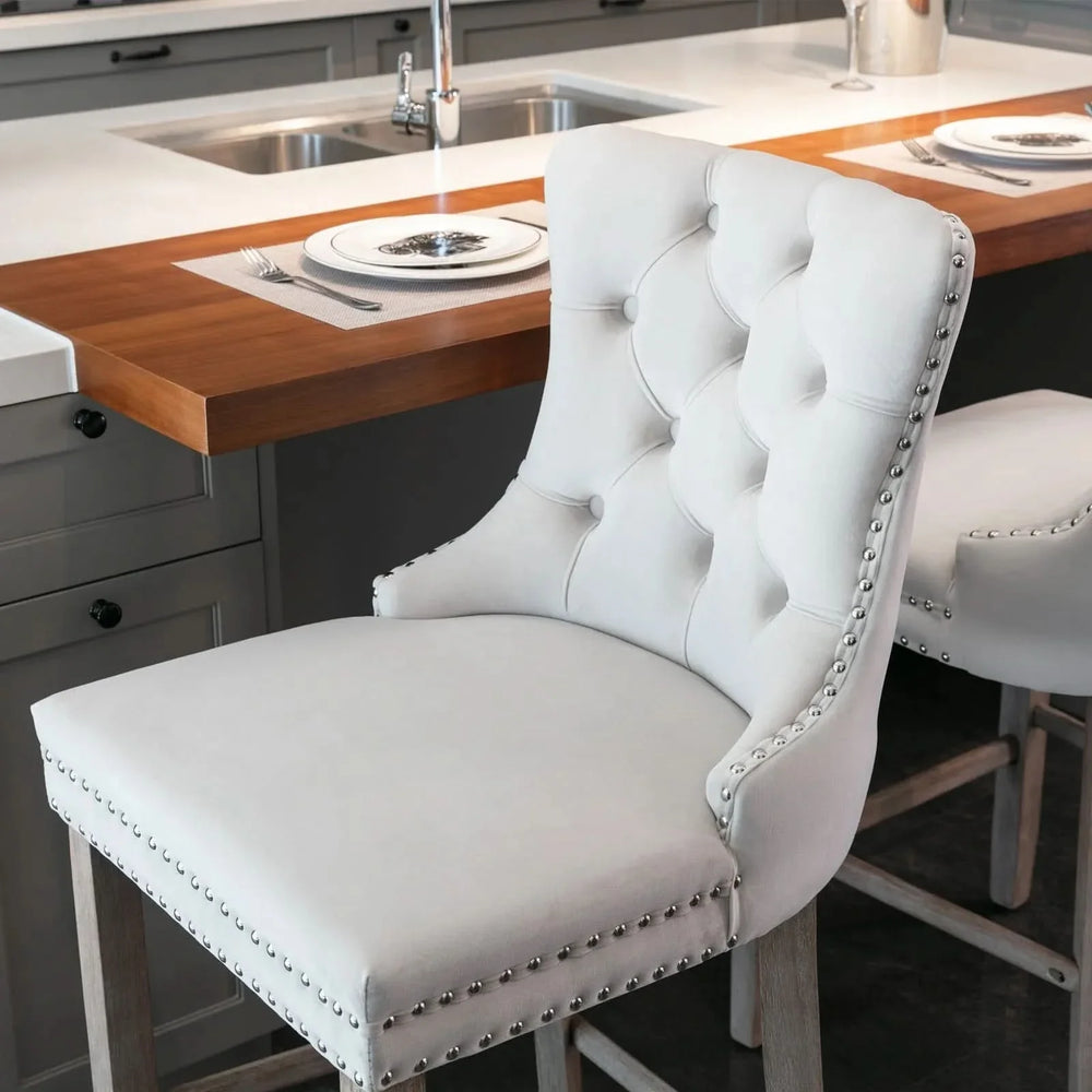 Velvet Upholstered Bar Stool Button Tufted Back & Wood Legs Chrome Nailhead Trim Media 11