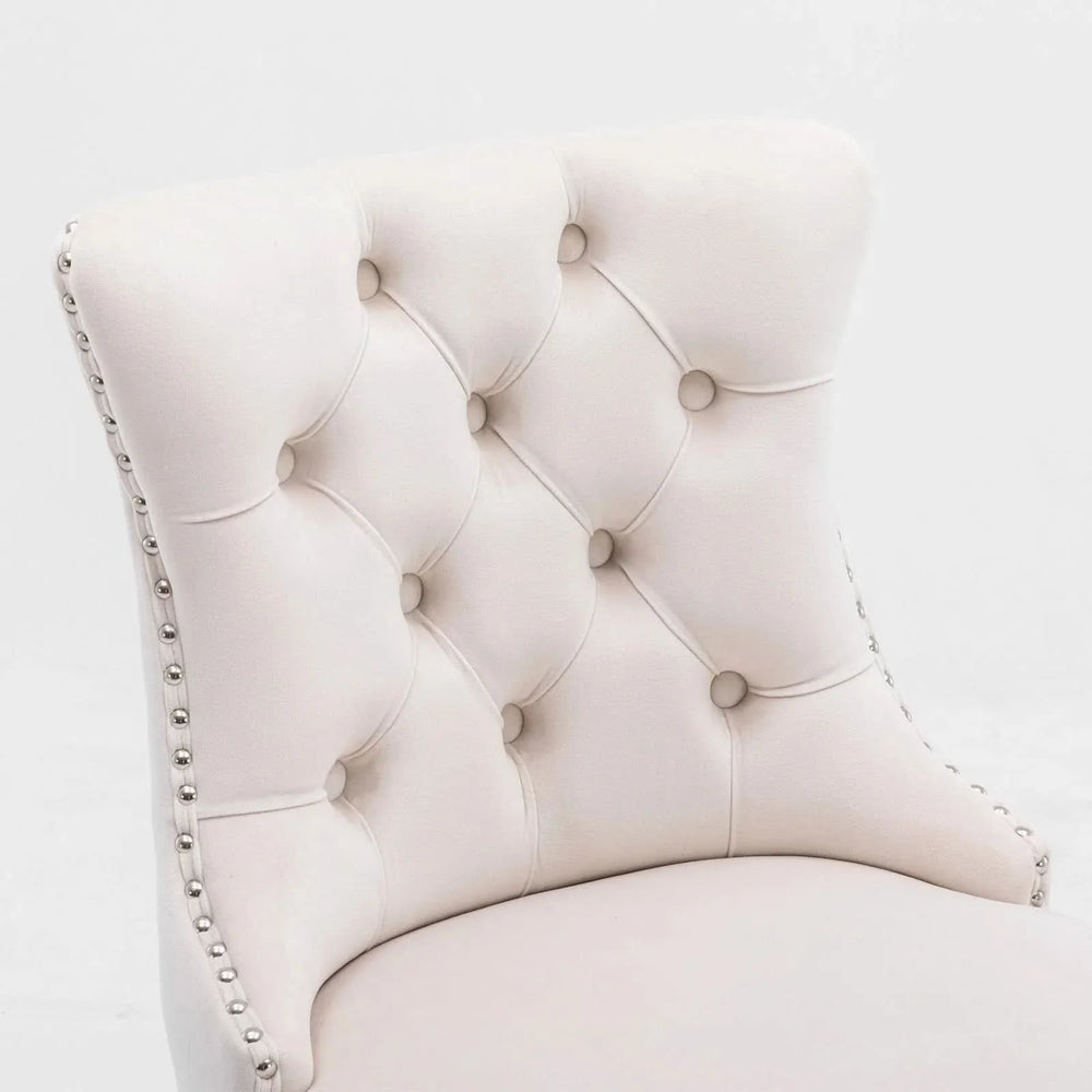 Velvet Upholstered Bar Stool Button Tufted Back & Wood Legs Chrome Nailhead Trim Media 8