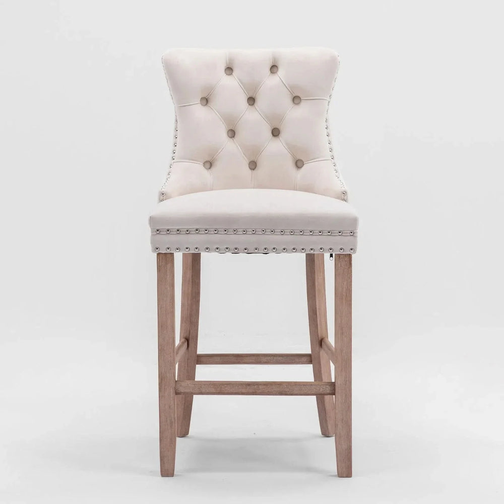Contemporary Velvet Upholstered Barstools with Button Tufted Decoration and Wooden Legs, and Chrome Nailhead Trim, Leisure Style Bar Chairs,Bar stools, Set of 2 (Beige),SW2002BG - DTY Store