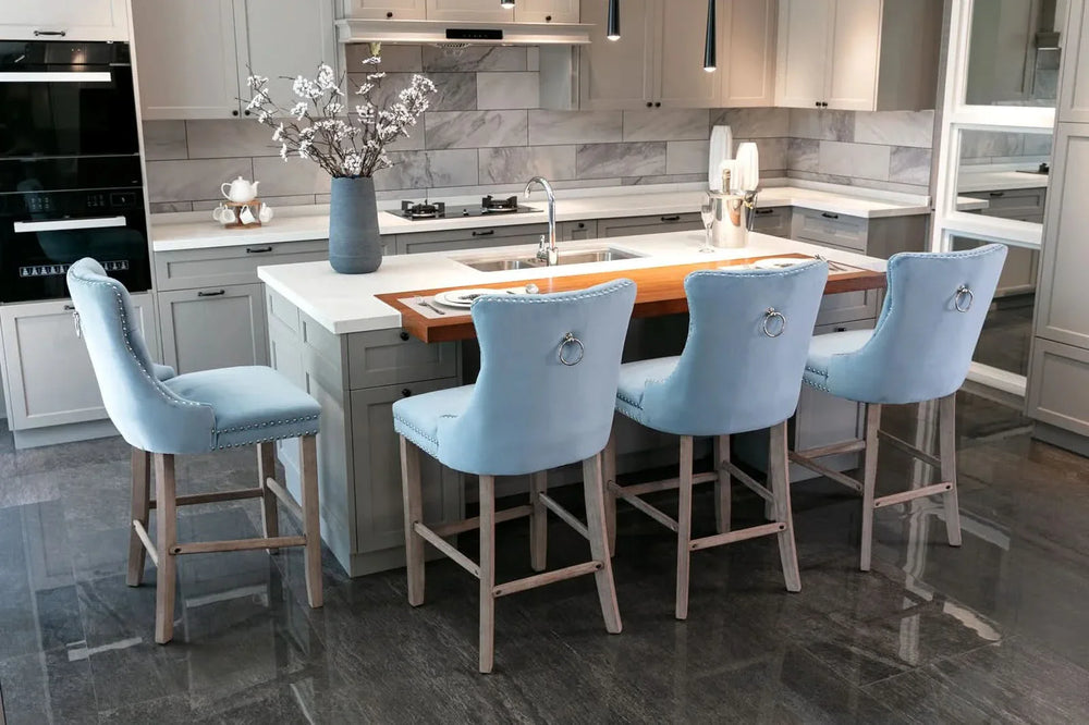 Velvet Bar Stools Light Blue Button Tufting Wooden Legs Leisure Style Media 17
