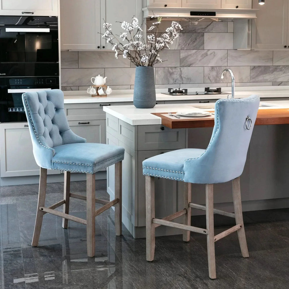 Contemporary Velvet Upholstered Barstools with Button Tufted Decoration and Wooden Legs, and Chrome Nailhead Trim, Leisure Style Bar Chairs,Bar stools, Set of 2 (Light Blue),SW2002LB - DTY Store