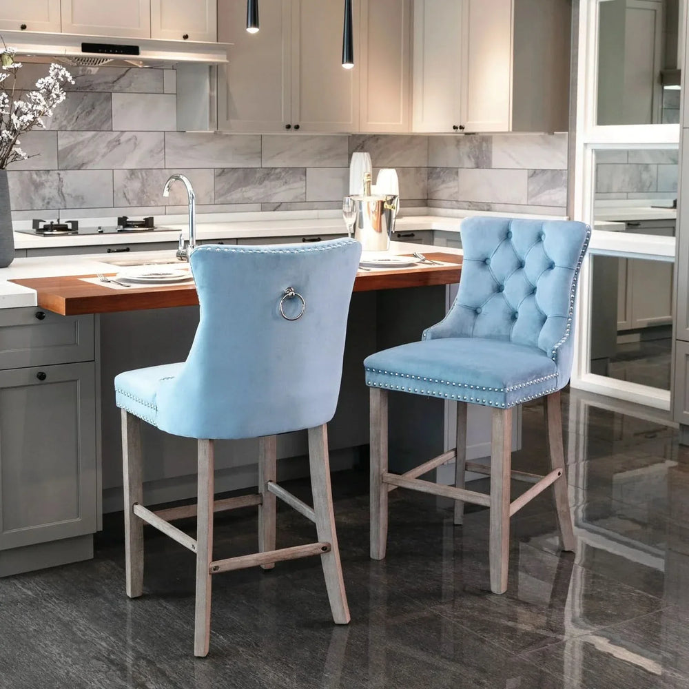 Velvet Bar Stools Light Blue Button Tufting Wooden Legs Leisure Style Media 14