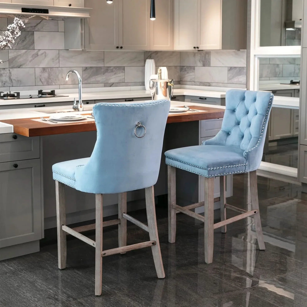 Velvet Bar Stools Light Blue Button Tufting Wooden Legs Leisure Style Media 15