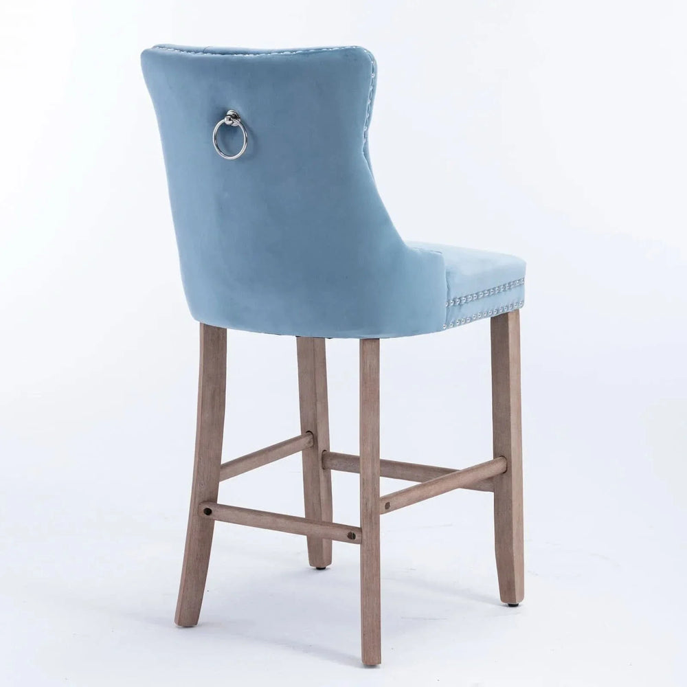 Velvet Bar Stools Light Blue Button Tufting Wooden Legs Leisure Style Media 6