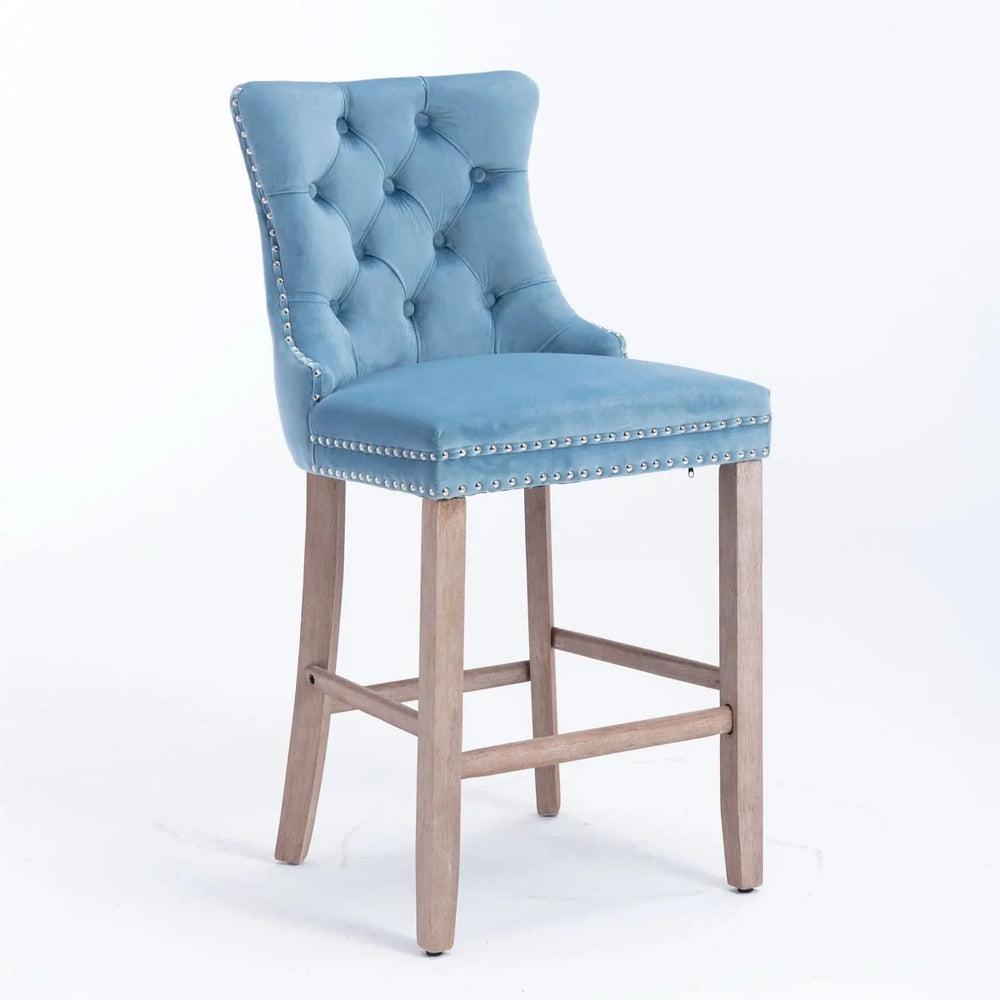 Contemporary Velvet Upholstered Barstools with Button Tufted Decoration and Wooden Legs, and Chrome Nailhead Trim, Leisure Style Bar Chairs,Bar stools, Set of 2 (Light Blue),SW2002LB- DTY Store
