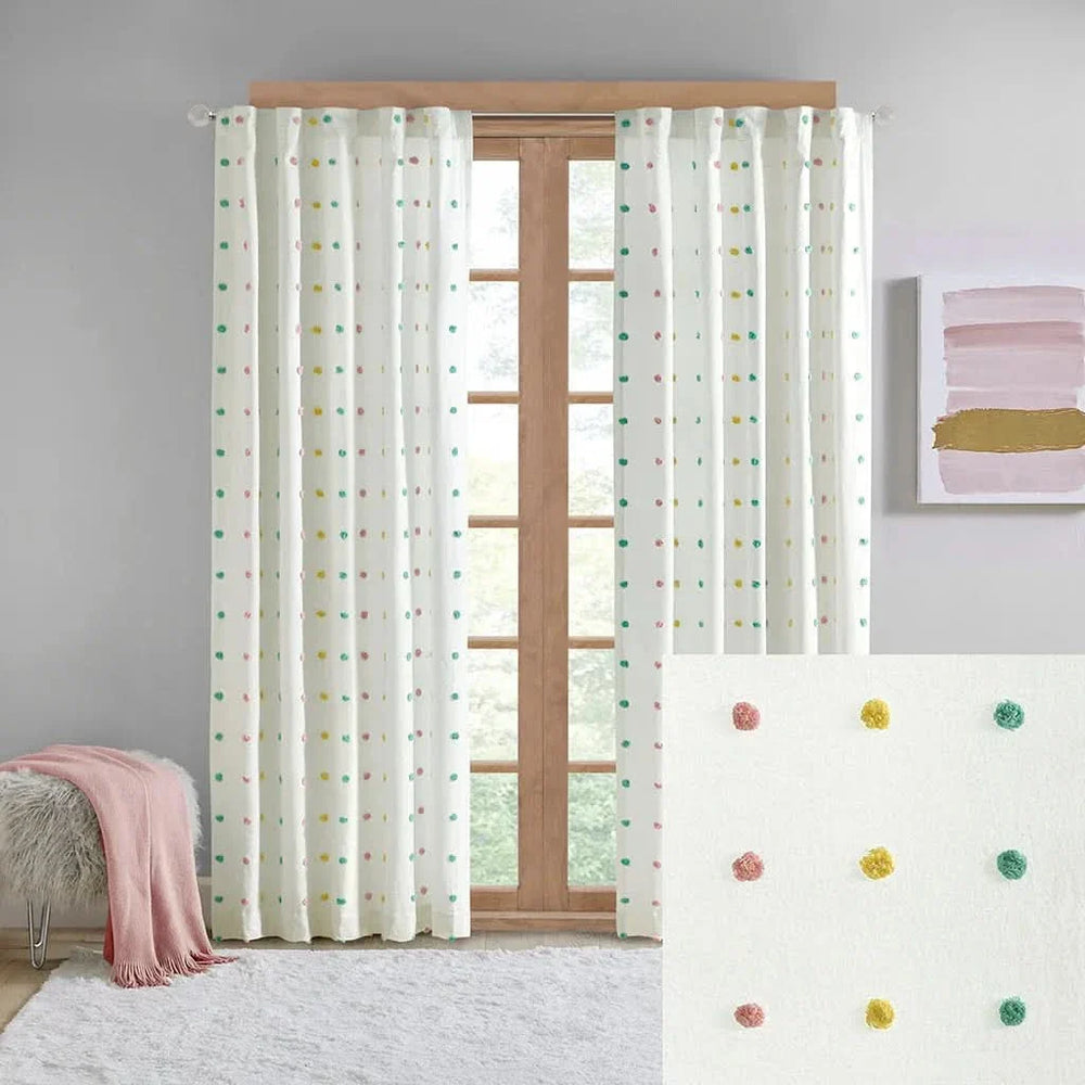 Cotton Curtain Panel Jacquard Pom Pom Dots On White Ground 84in Long 50in Wide Media 2