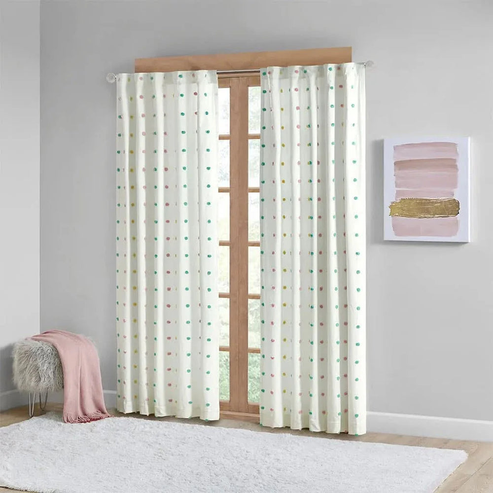 Cotton Curtain Panel Jacquard Pom Pom Dots On White Ground 84in Long 50in Wide Media 1