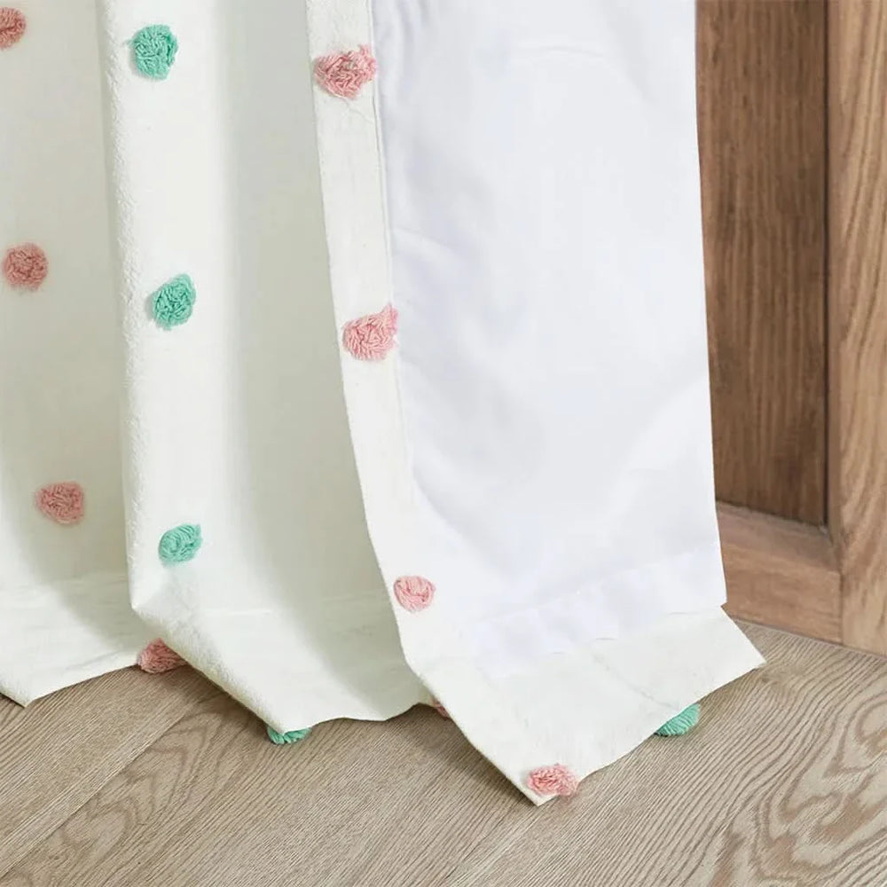 Cotton Curtain Panel Jacquard Pom Pom Dots On White Ground 84in Long 50in Wide Media 10