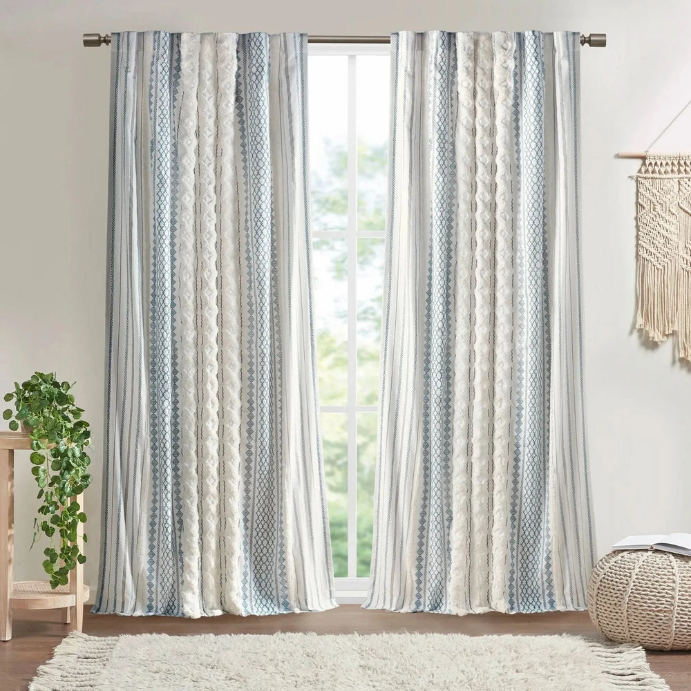 Cotton Curtain Panel Printed Chenille Stripe Lined Window Drapes Soft Media 10