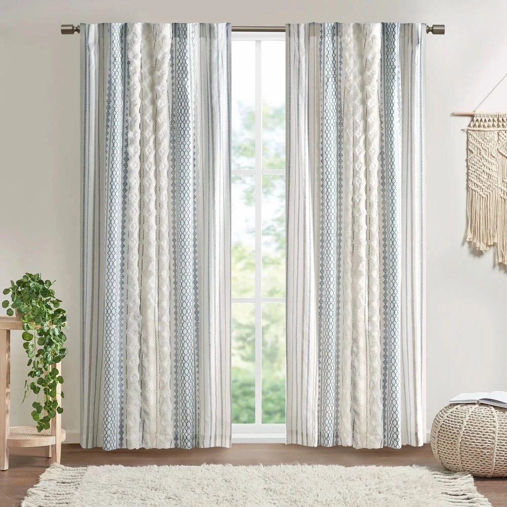 Cotton Curtain Panel Printed Chenille Stripe Lined Window Drapes Soft Media 1
