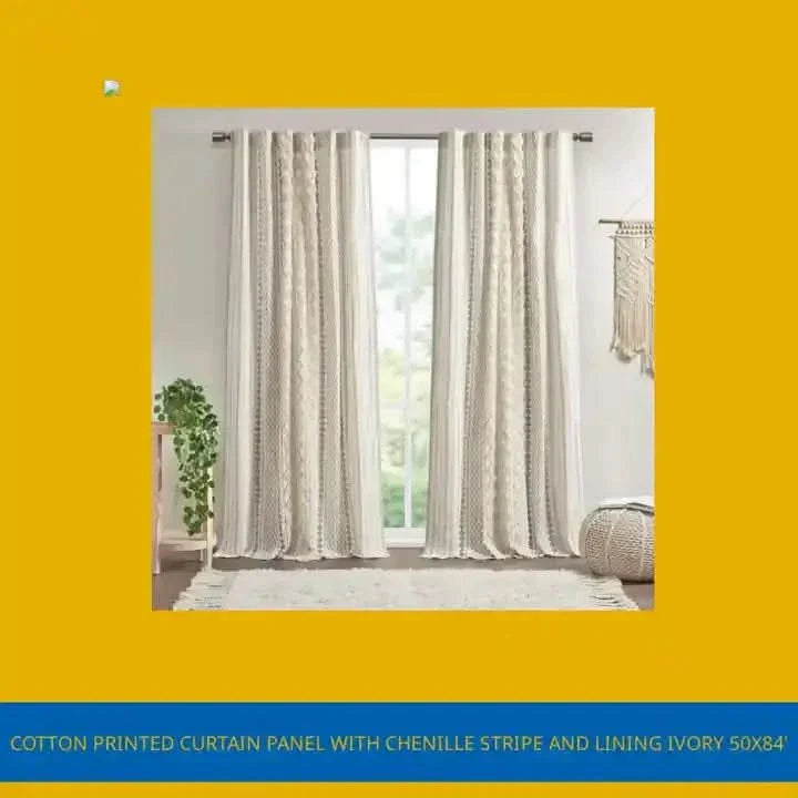 Cotton Curtain Panel Chenille Stripe Lined Ivory Living Room 50x84 Inches Media 2
