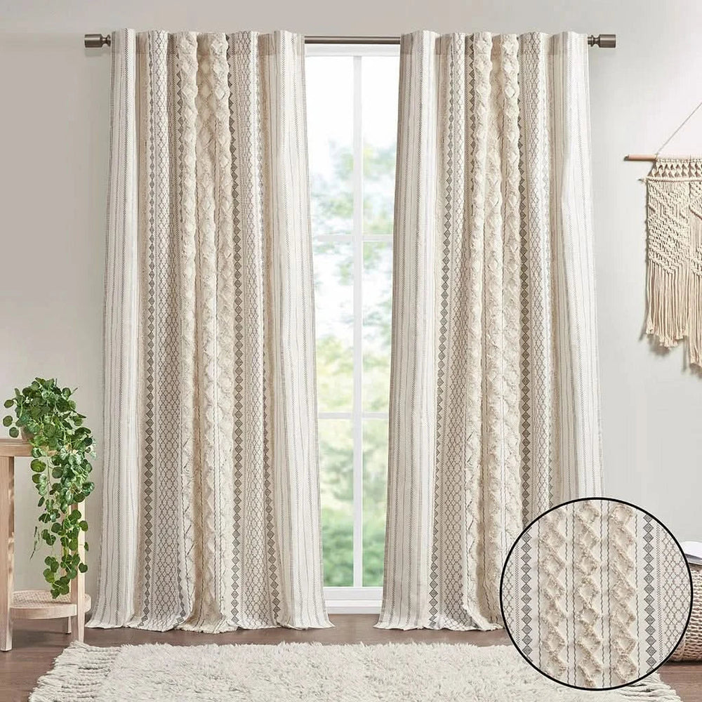Cotton Curtain Panel Printed Chenille Stripe Lined Ivory 50x95 Inches Media 5