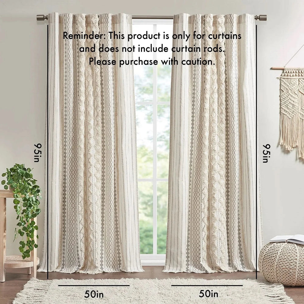 Cotton Curtain Panel Printed Chenille Stripe Lined Ivory 50x95 Inches Media 3
