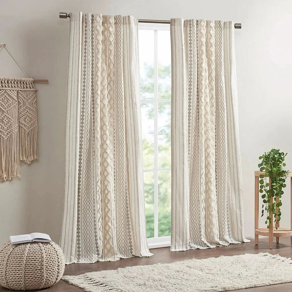 Cotton Curtain Panel Printed Chenille Stripe Lined Ivory 50x95 Inches Media 1