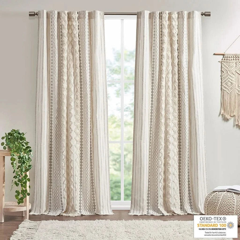 Cotton Curtain Panel Printed Chenille Stripe Lined Ivory 50x95 Inches Media 6