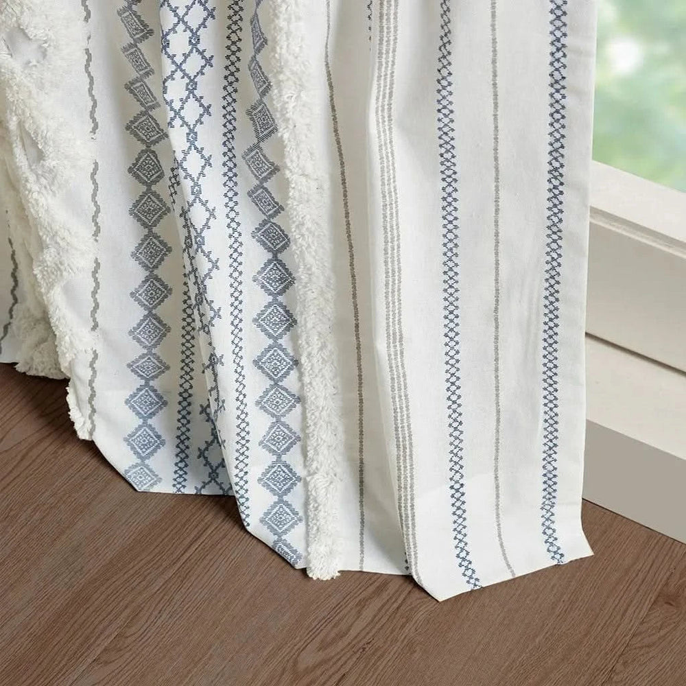 Cotton Curtain Panel Printed With Chenille Stripe & Lined White Navy 50x84 Media 4
