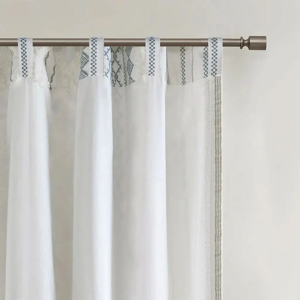 Cotton Curtain Panel Printed With Chenille Stripe & Lined White Navy 50x84 Media 9