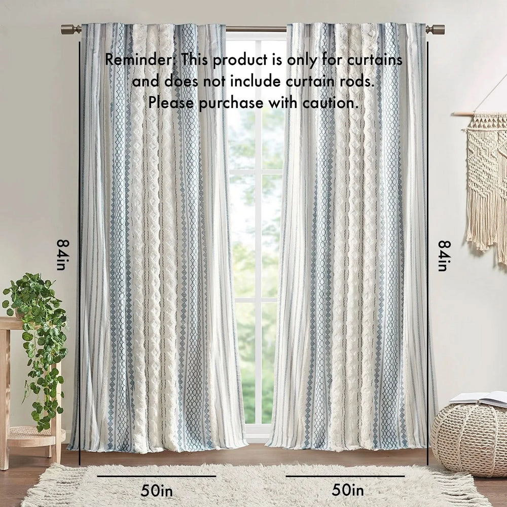 Cotton Curtain Panel Printed With Chenille Stripe & Lined White Navy 50x84 Media 3