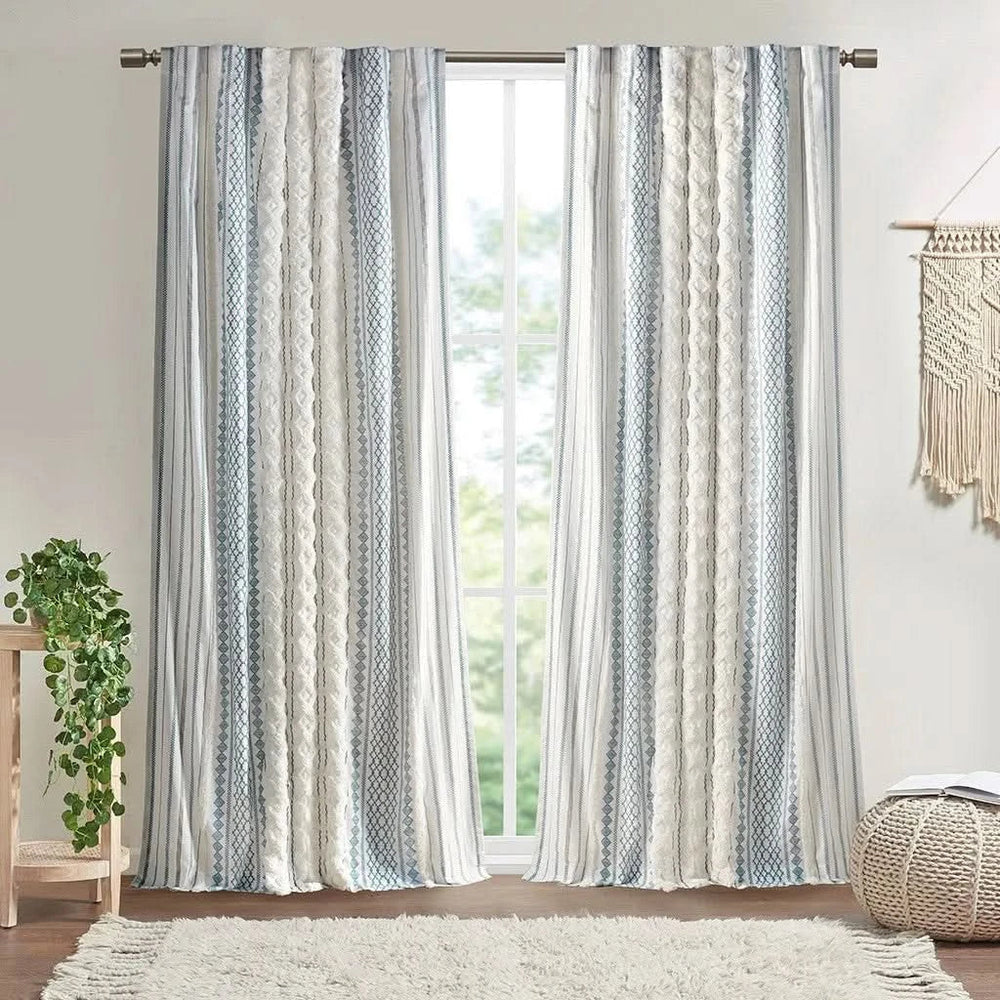 Cotton Curtain Panel Printed With Chenille Stripe & Lined White Navy 50x84 Media 6