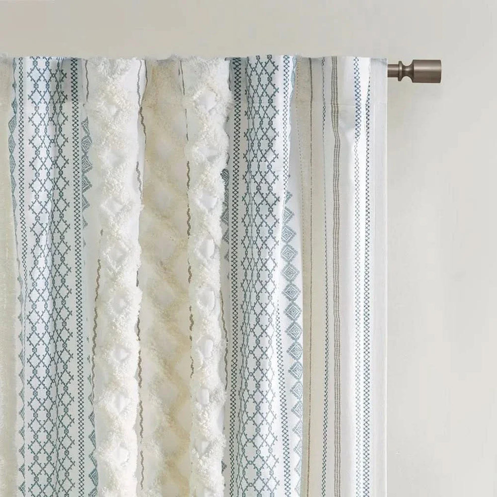 Cotton Curtain Panel With Chenille Stripe & Lining White Navy 50x95 Media 3