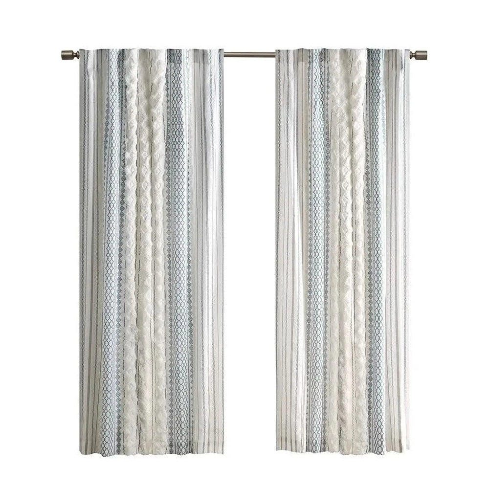 Cotton Curtain Panel With Chenille Stripe & Lining White Navy 50x95 Media 7