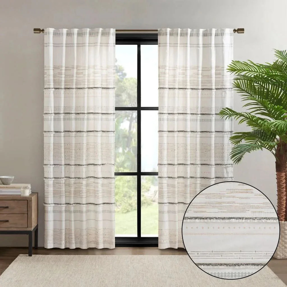 Cotton Printed Curtain Panel With Tassel Trim & Lining For Living Room Media 8
