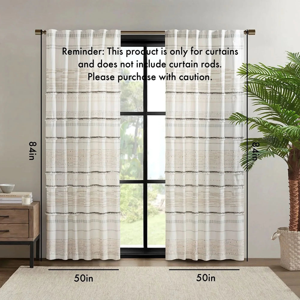 Cotton Printed Curtain Panel With Tassel Trim & Lining For Living Room Media 2