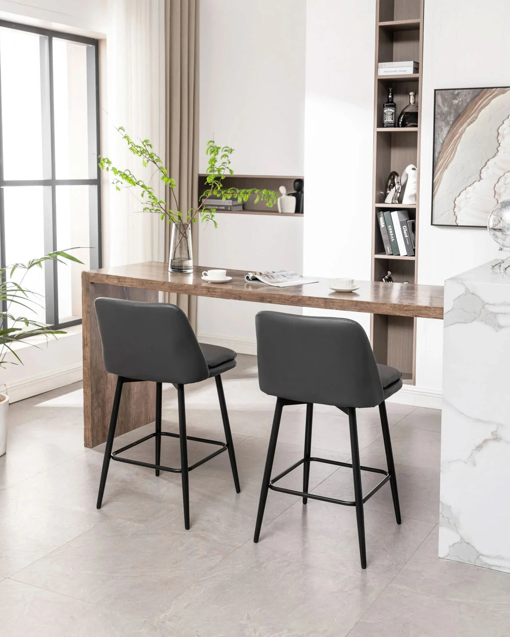 Counter Height Bar Stools PU Leather Backrest 360 Swivel Set Of 2 Media 25