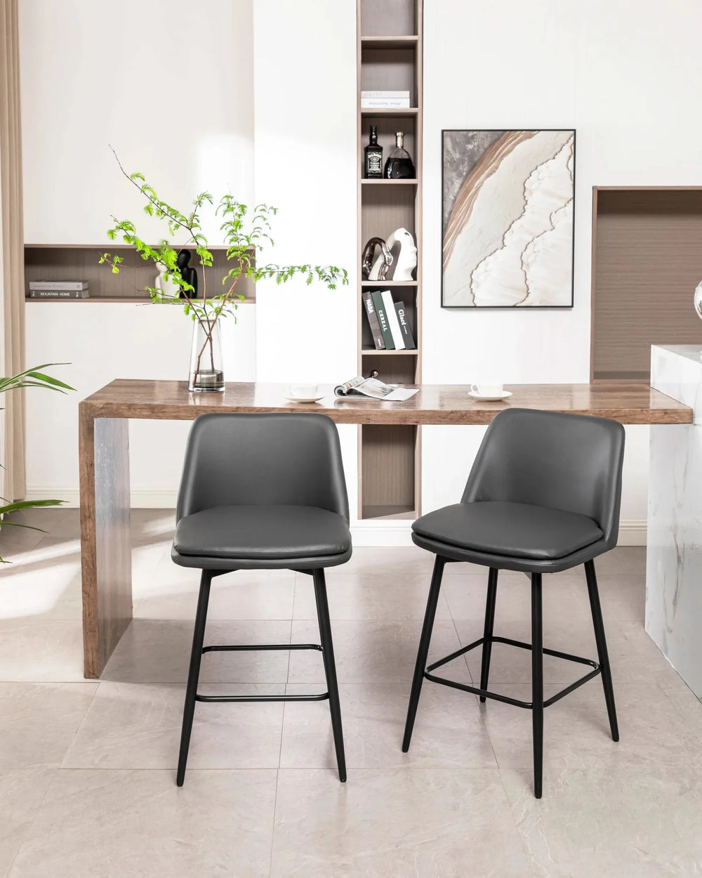 Counter Height Bar Stools PU Leather Backrest 360 Swivel Set Of 2 Media 23