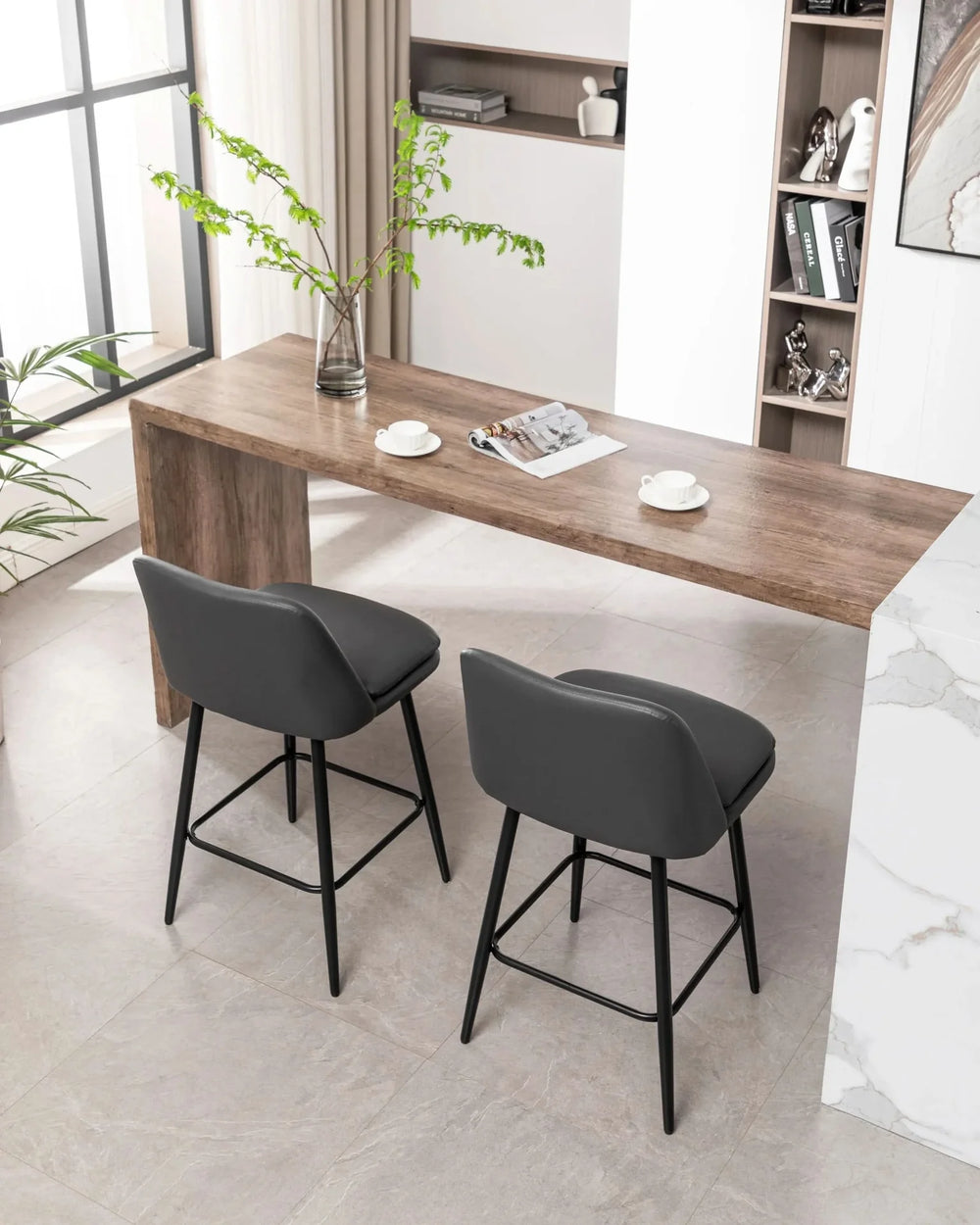 Counter Height Bar Stools PU Leather Backrest 360 Swivel Set Of 2 Media 29