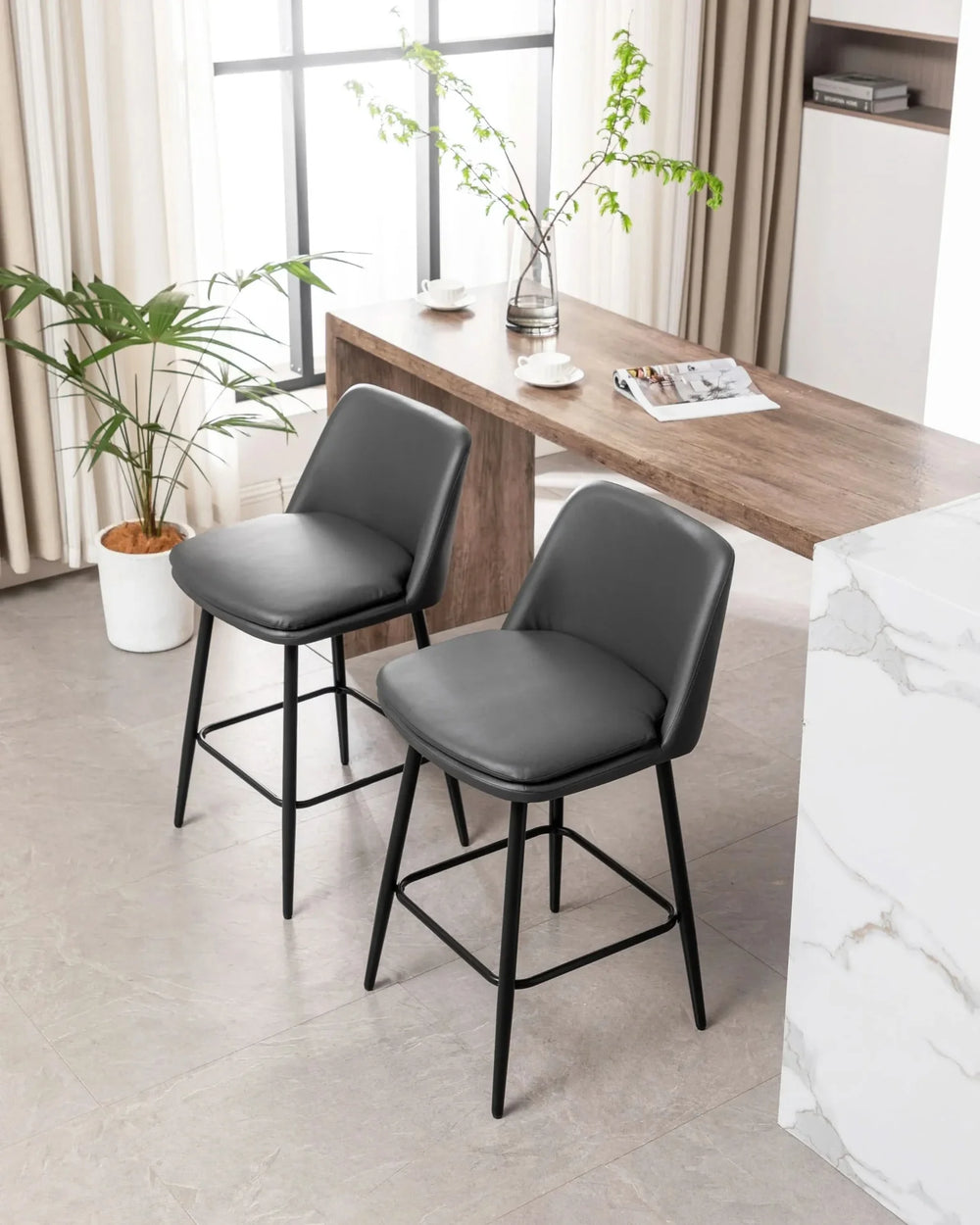 Counter Height Bar Stools PU Leather Backrest 360 Swivel Set Of 2 Media 31