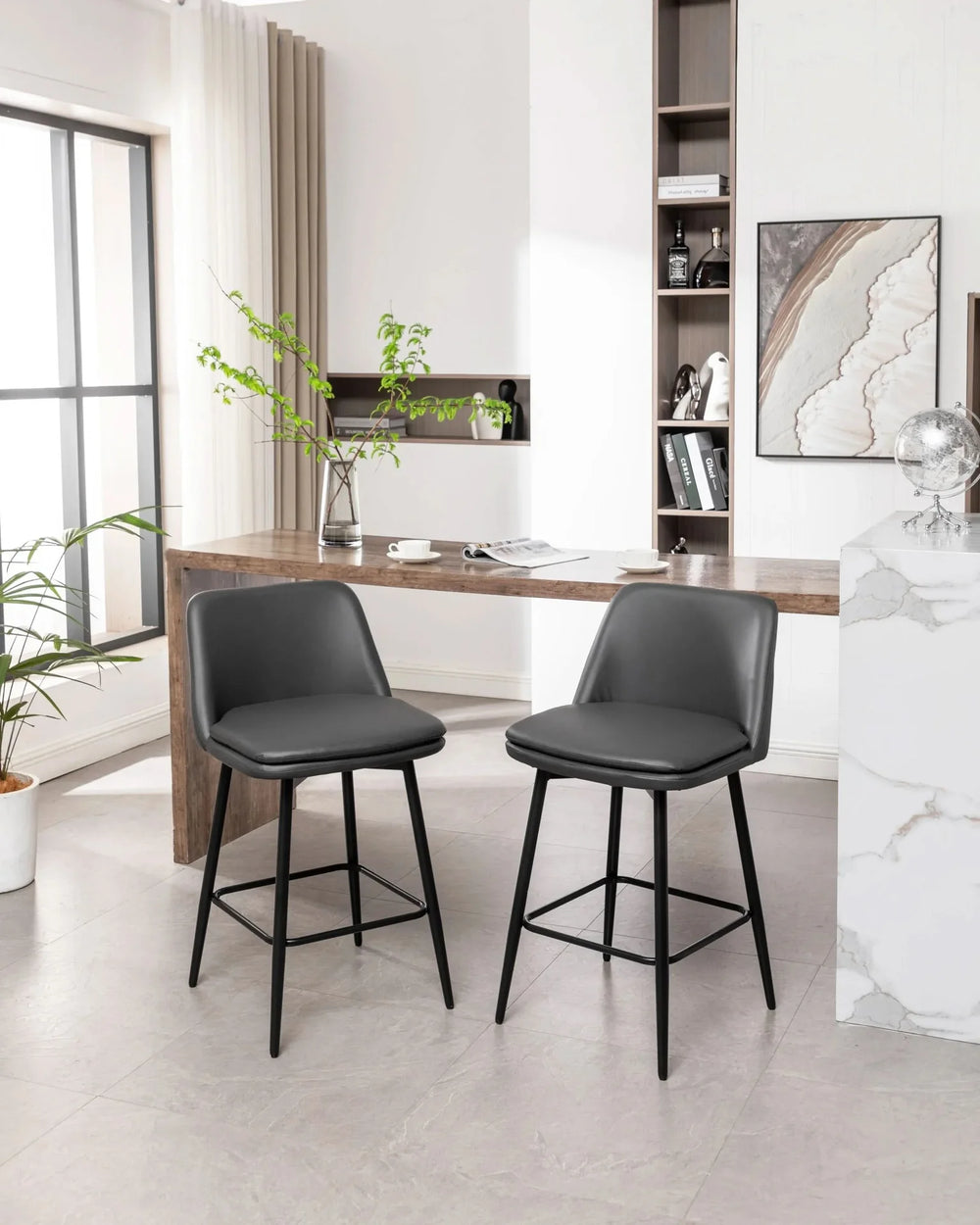 Counter Height Bar Stools PU Leather Backrest 360 Swivel Set Of 2 Media 33