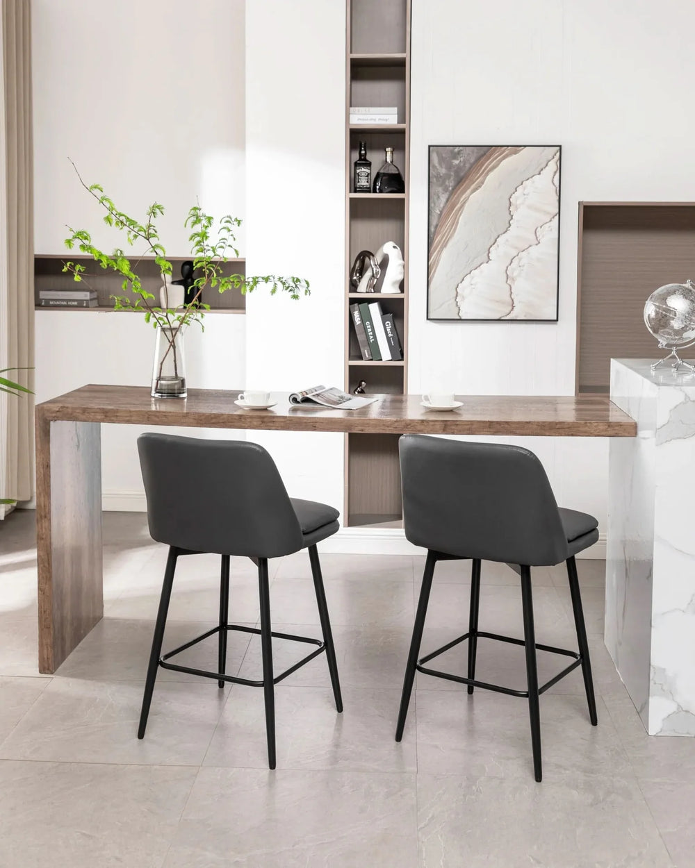 Counter Height Bar Stools PU Leather Backrest 360 Swivel Set Of 2 Media 21