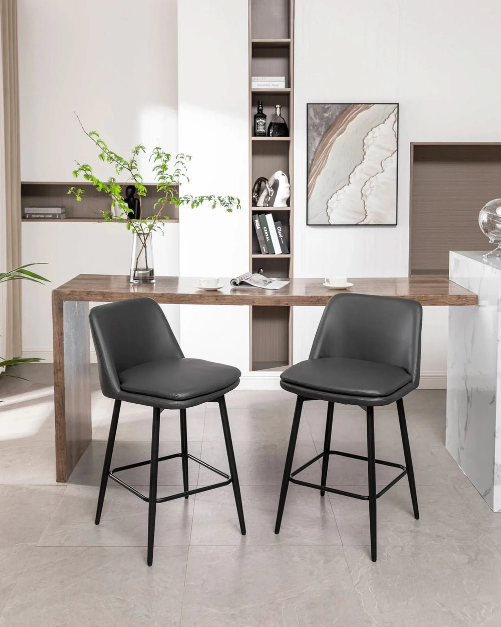 Counter Height Bar Stools PU Leather Backrest 360 Swivel Set Of 2 Media 22