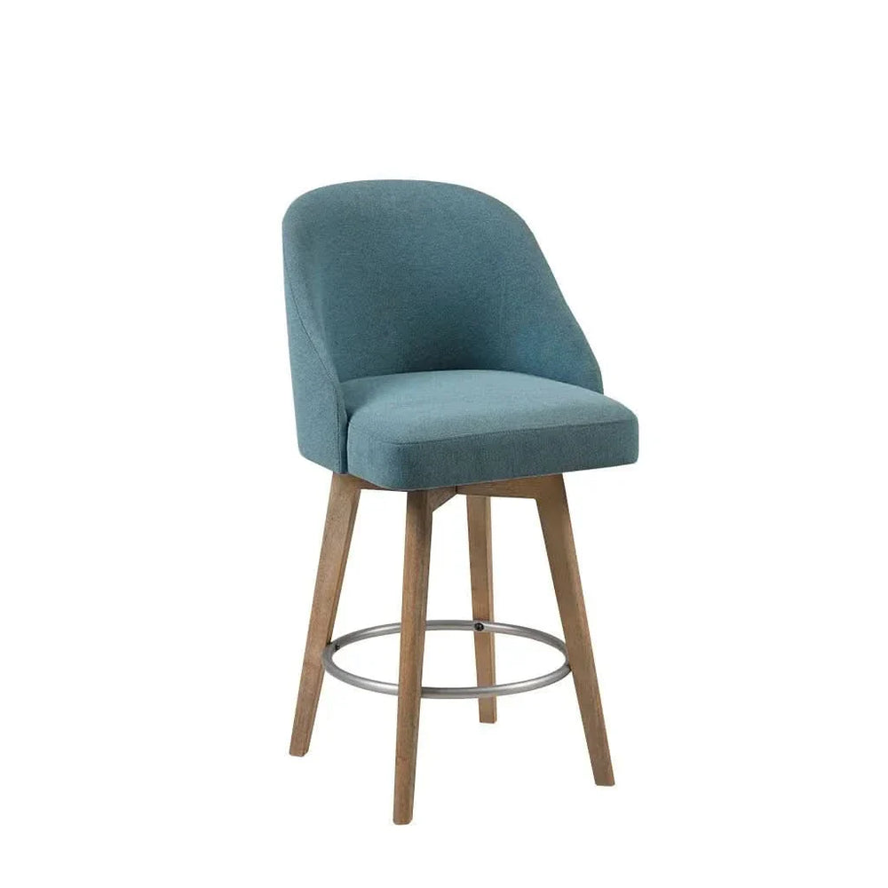 Counter Stool Blue Polyester Upholstery Swivel Seat Counter Height Wood Legs Media 2