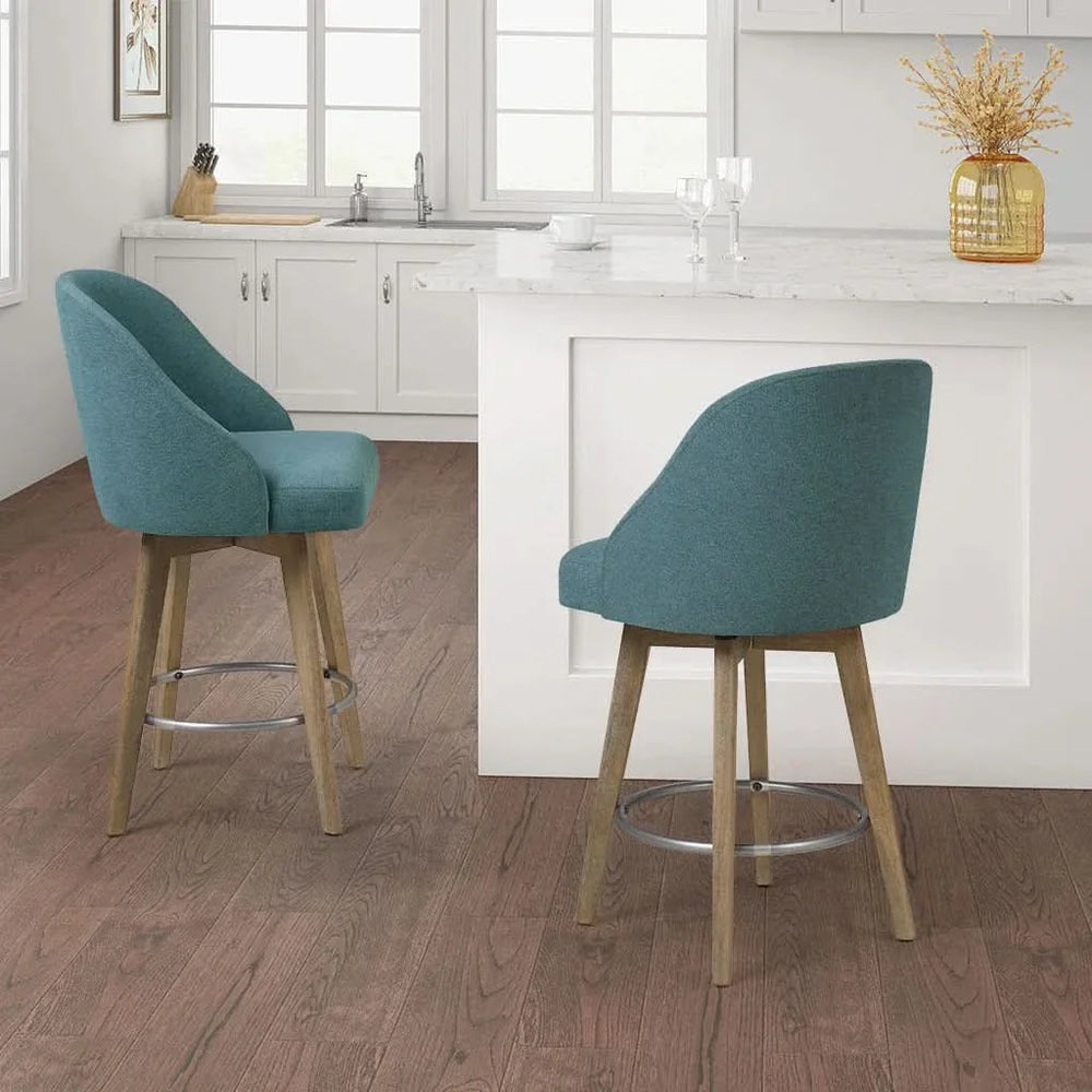 Counter Stool Blue Polyester Upholstery Swivel Seat Counter Height Wood Legs Media 1