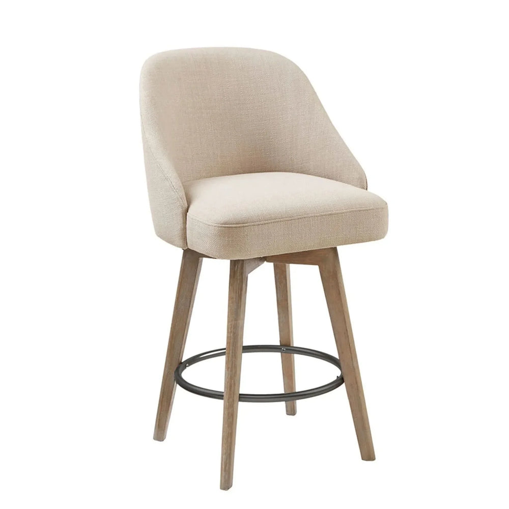 Counter Stool Polyester Swivel Seat Sand Color With Solid Wood Legs Media 1