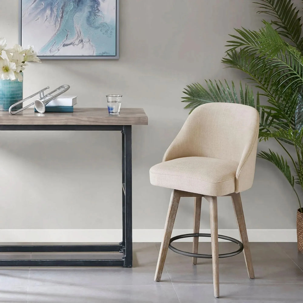 Counter Stool Polyester Swivel Seat Sand Color With Solid Wood Legs Media 2