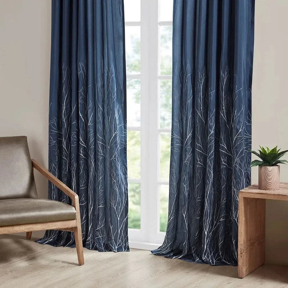 Curtain Panel Cotton Navy Branch Embroidery Design For Living Room Media 4
