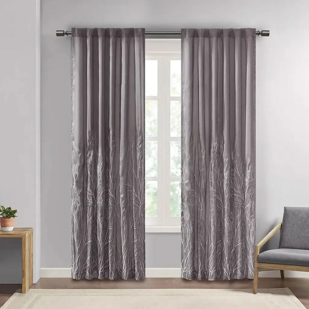 Curtain Panel Polyester Embroidered Branch Design Grey 84 Inch Length Media 2