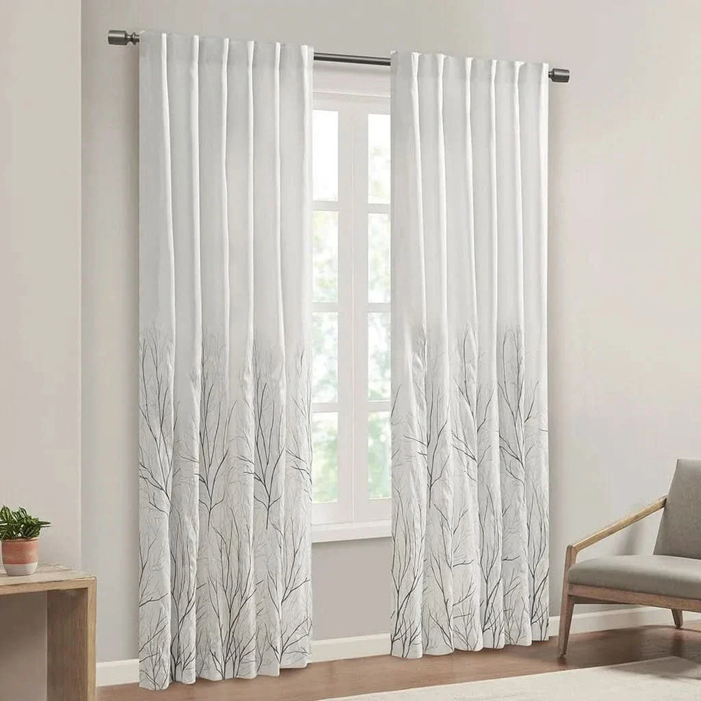 Curtain Panel Polyester Embroidered Branch Design Faux Silk Sheen Media 1