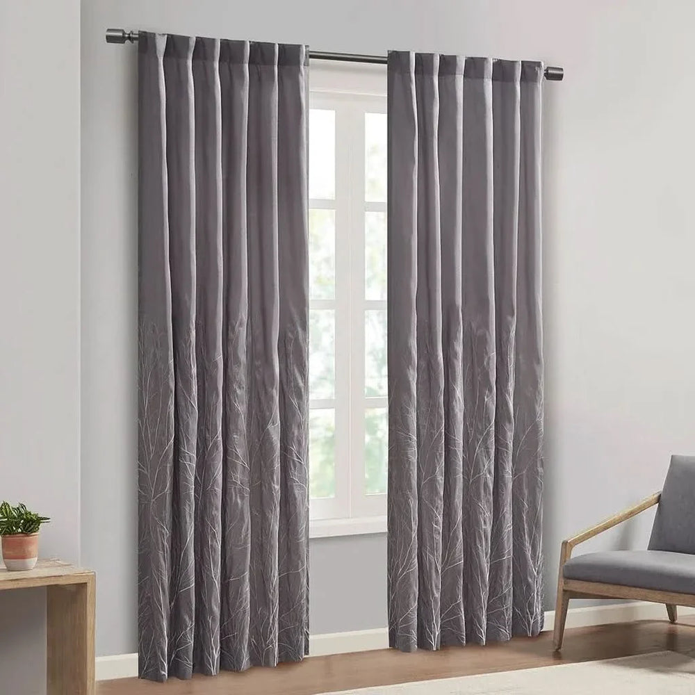 Curtain Panel Polyester Embroidered Branch Design Grey 84 Inch Length Media 1