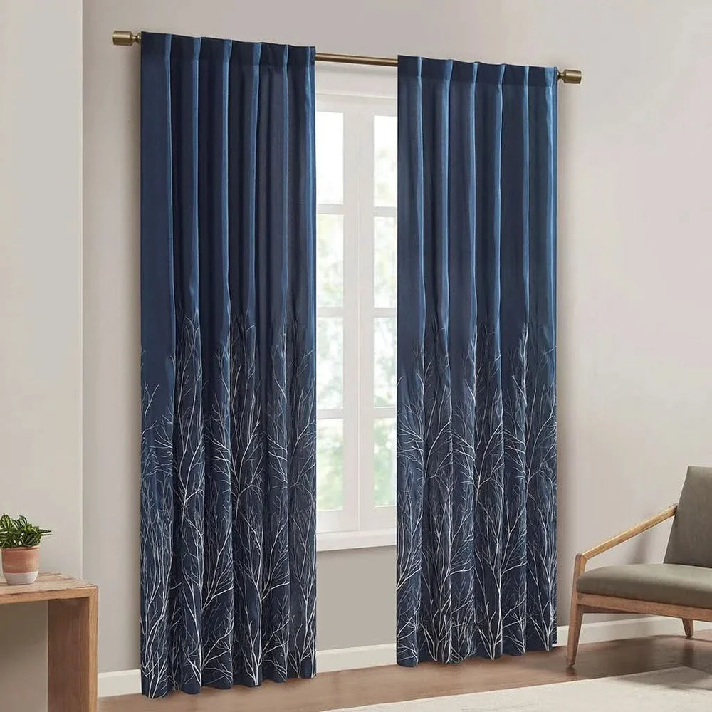 Curtain Panel Cotton Navy Branch Embroidery Design For Living Room Media 1