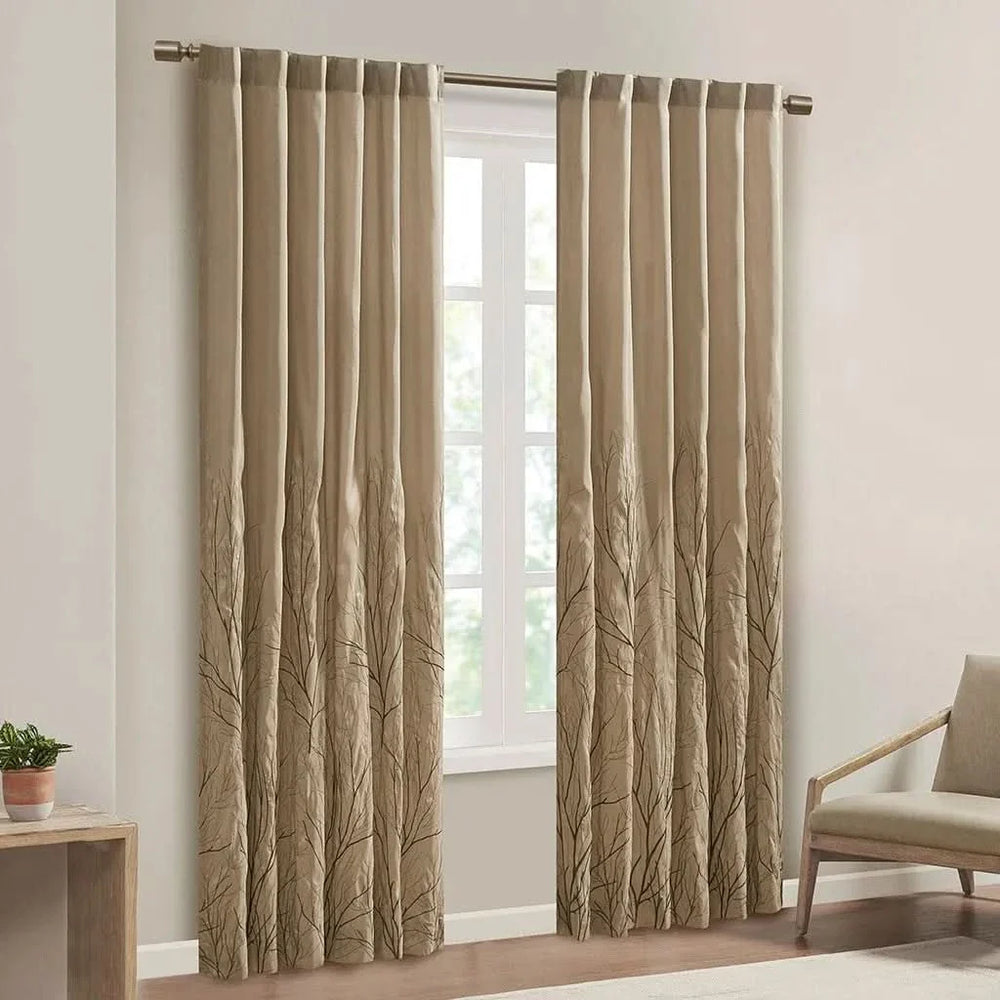 Curtain Panel Tan Polyester Branch Embroidery Design Living Room Decor Media 1