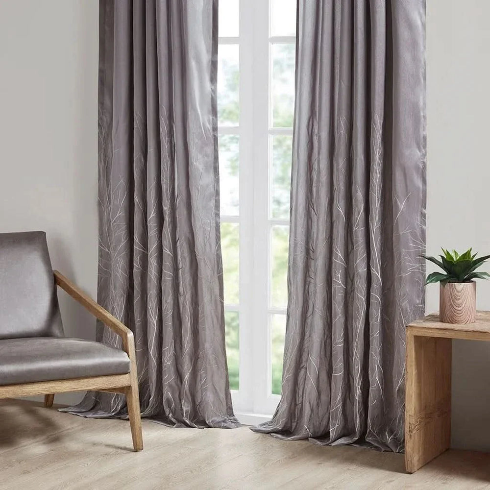 Curtain Panel Polyester Embroidered Branch Design Grey 84 Inch Length Media 7