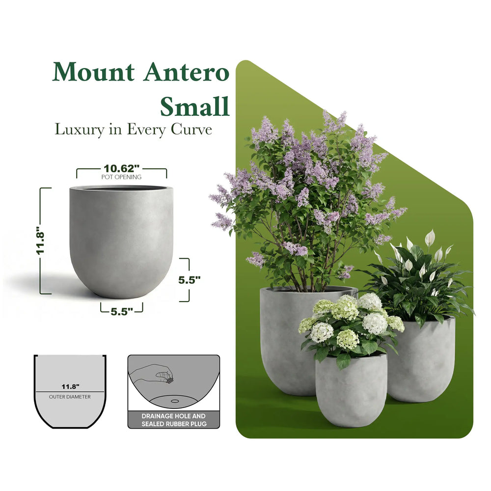 DTY Signature Mount Antero 19.7''D x 19.7''H Modern Indoor Outdoor Fiberstone Bullet Shaped Planter, Durable Round Garden Pot, Weather Resistant, Drainage Hole & Rubber Plug - Large, Gray