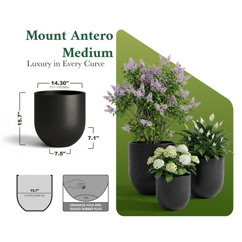 DTY Signature Mount Antero 19.7''D x 19.7''H Modern Indoor Outdoor Fiberstone Bullet Shaped Planter, Durable Round Garden Pot, Weather Resistant, Drainage Hole & Rubber Plug - Large, Gray