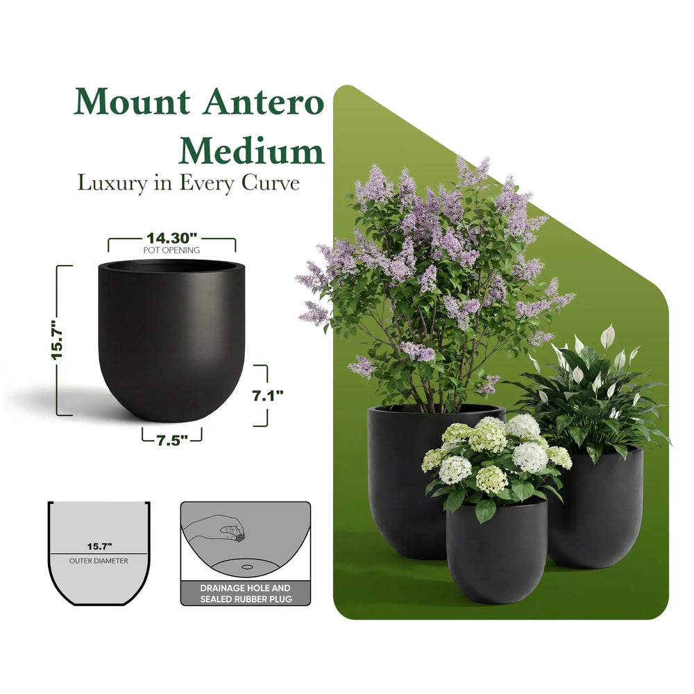 DTY Signature Mount Antero 19.7''D x 19.7''H Modern Indoor Outdoor Fiberstone Bullet Shaped Planter, Durable Round Garden Pot, Weather Resistant, Drainage Hole & Rubber Plug - Large, Gray