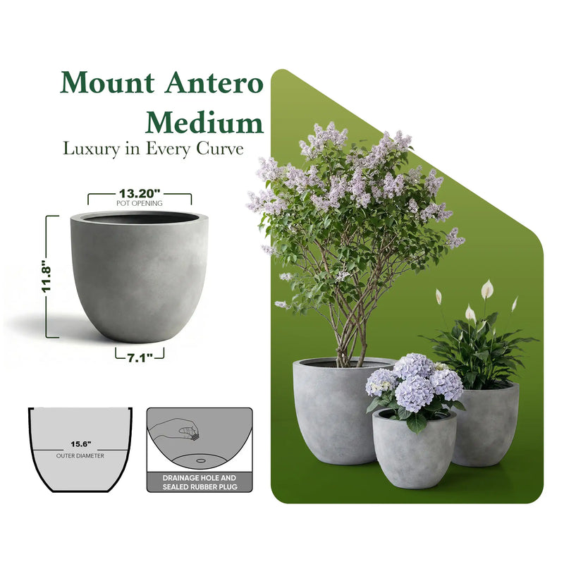 DTY Mount Belford 17.3'' D x 14.8'' H (Pot Opening 15.7") Fiberstone Egg Shaped Planter with Drainage Hole, Smooth Finishes, Weather Resistant for Indoor and Outdoor, 2 Extra Coco Mats - Large, White