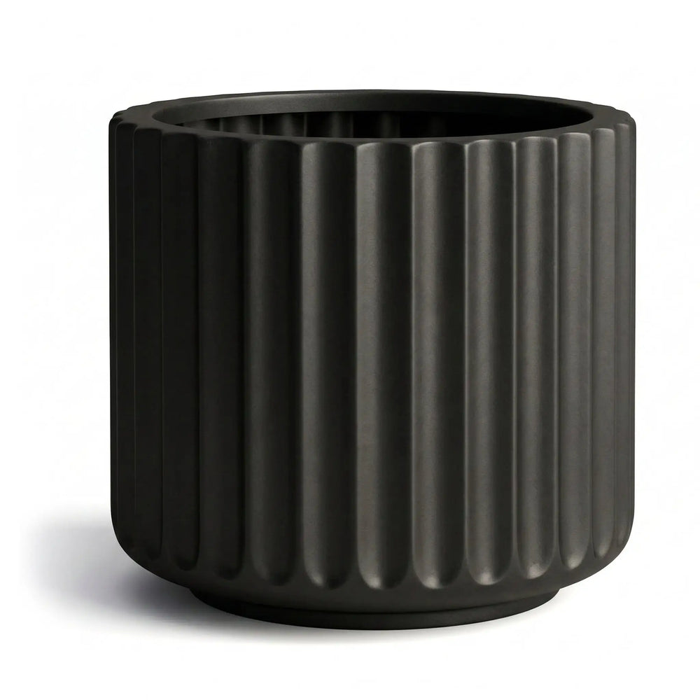 DTY Mount Shavano 16.3'' D x 14.75'' H (Pot Opening 14.4'') Fiberstone Fluted Planter with Drainage Hole, Weather Resistant for Indoor and Outdoor, 2 Extra Coco Mats - Black, Large